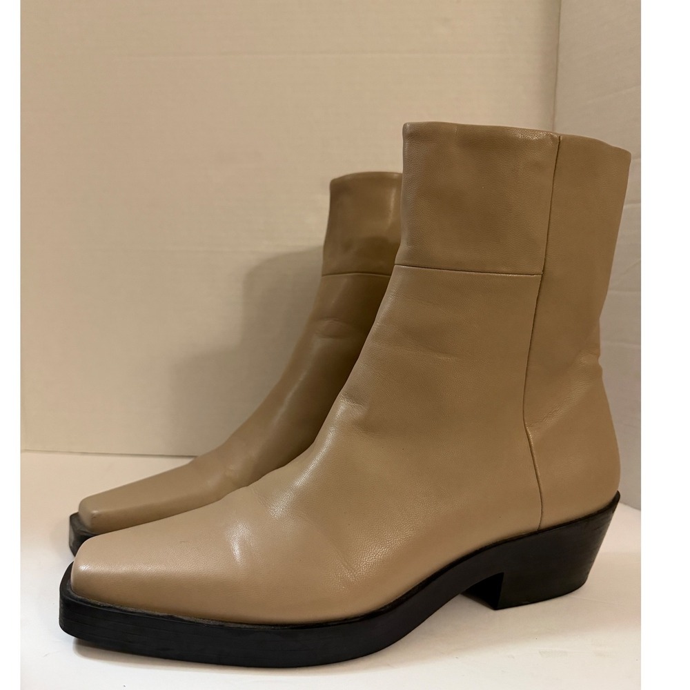 H&M Beige Leather Square Toe Block Heel Ankle Boots Gold Zip 0943219 Womens 9.5